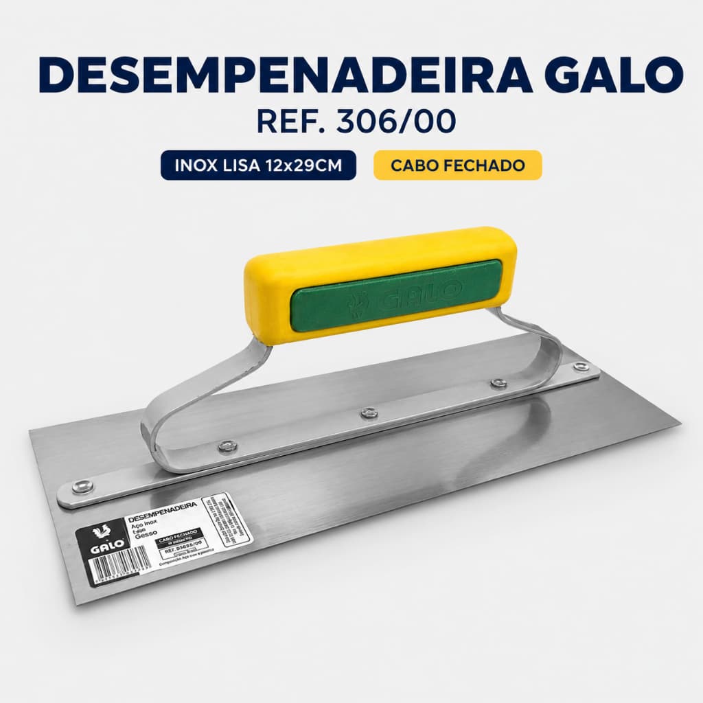 Desempenadeira Galo 306/00 Aço Inox Lisa Cabo Fechado 12x29cm Para Gesso Massa Corrida Acabamento
