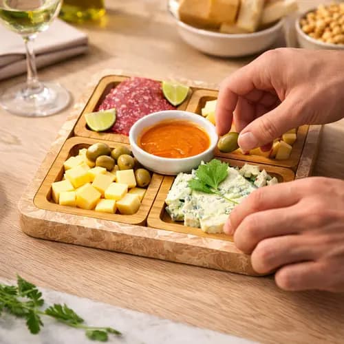 Conjunto Petisqueira Quadrada Madeira 4 Unidades Bandeja Servir Petisco Lanche Natural