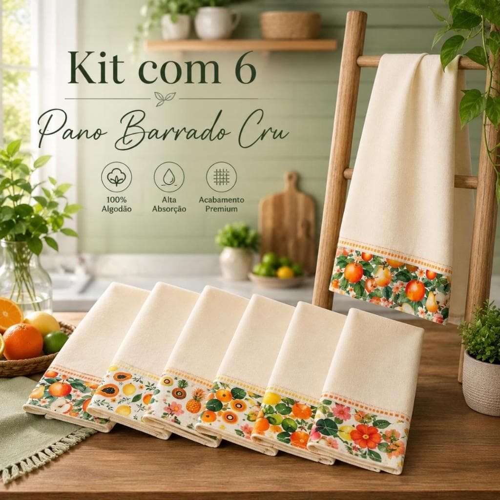 Kit 6 Panos de Prato Louça Cozinha Decoração Cru Rústico Algodão Barrado Tricoline