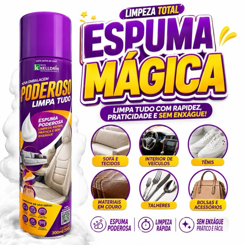 Espuma Mágica Limpa Tudo Sofá Carpete Bolsa Tênis Poderoso Kelldrin 300ml