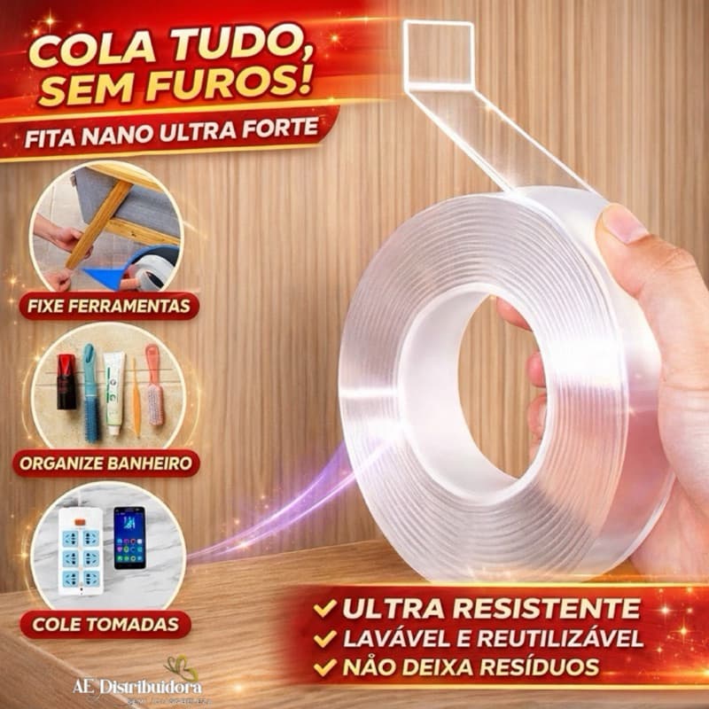 Fita Dupla Face Transparente Extra Forte Silicone NanoGel  Adesiva Cola na Parede Móvel Porta