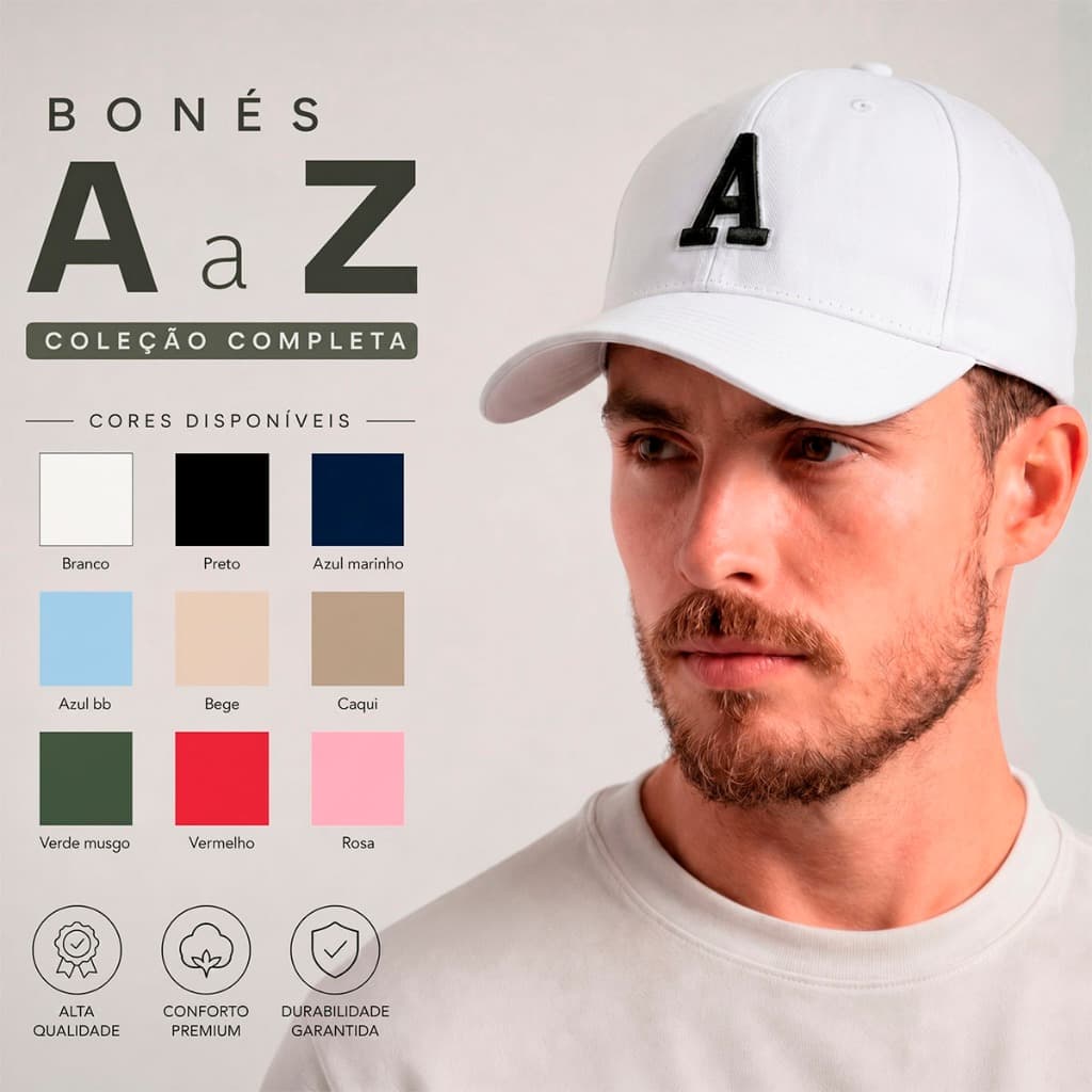 Boné Letra A a Z Masculino Aba Curva Regulável Algodão Premium Moda Casual Urbano Moderno Dia a Dia