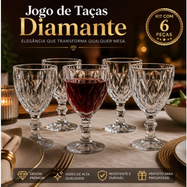 Jogo de Taças Diamante 340ml 6 Peças Taça de Vidro para Água Vinho Suco Mesa Posta Decoração Luxo