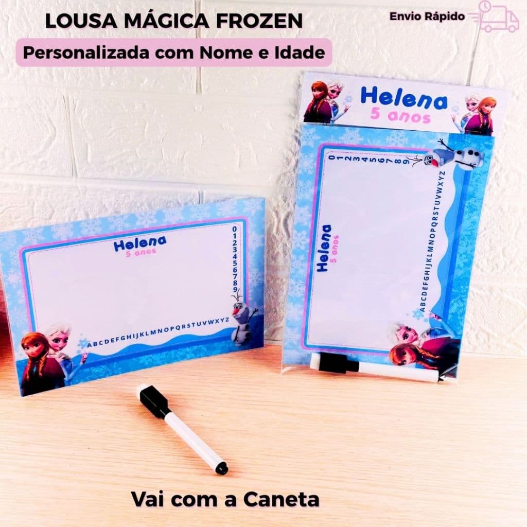 Lousa Mágica Frozen Personalizada Nome Idade Kit 10 15 20 25 30 40 Un + Caneta