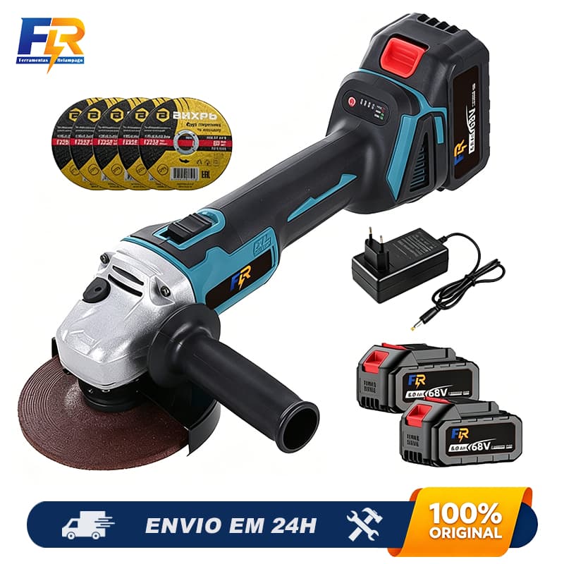 Esmerilhadeira Angular Sem Fio Brushless 68V 125MM 2 Baterias + 5 Discos Corte e Lixamento Profissional