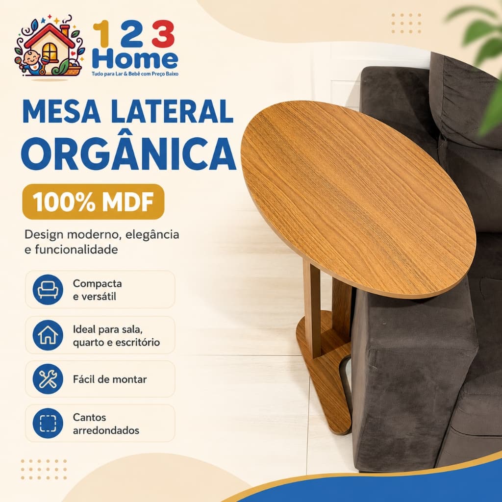 Mesa Lateral Orgânica em MDF 100% | Mesa de Canto para Sofá, Poltrona, Escritório e Recepção