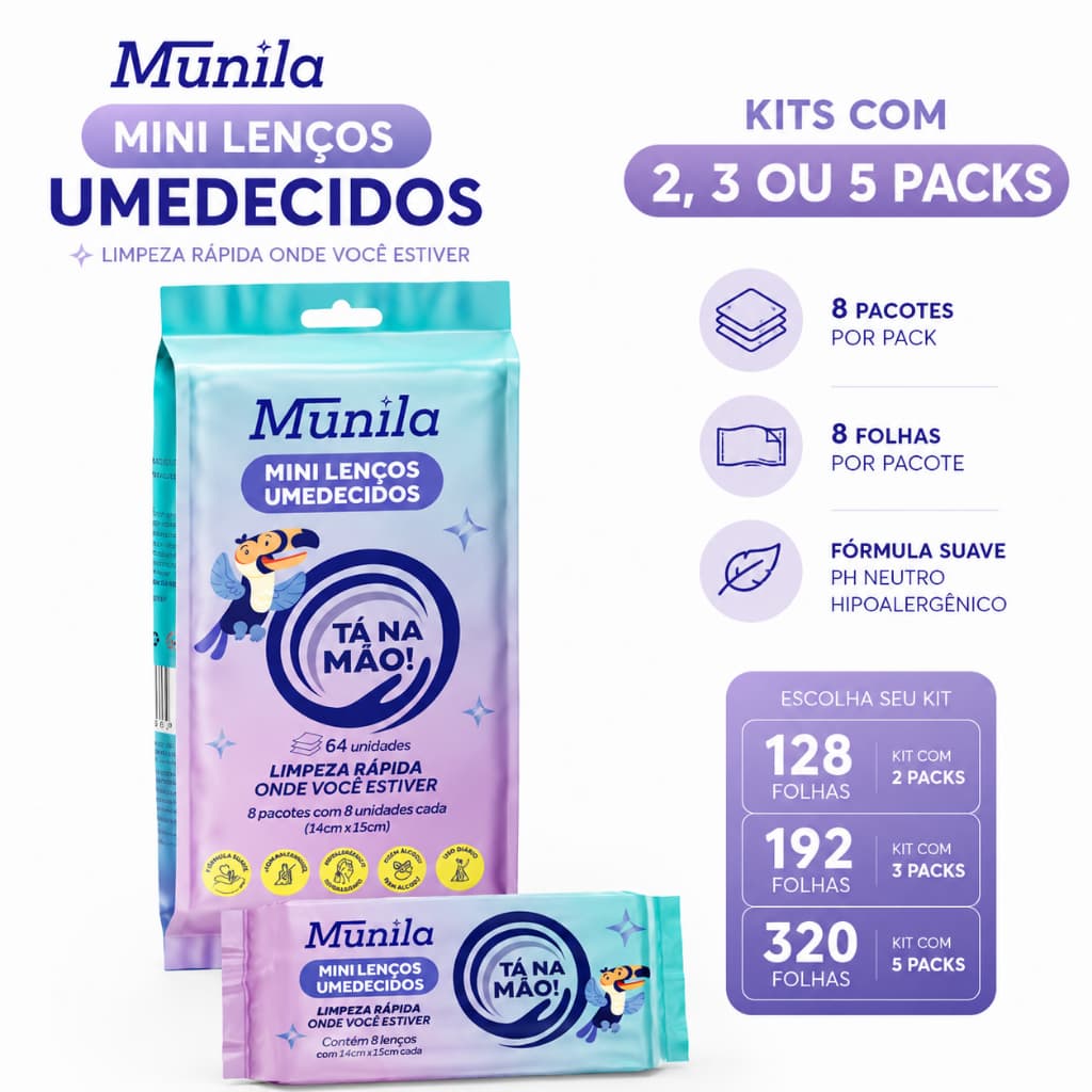 Lenço Umedecido Munila Mini Lenços Umedecidos Kit 2 3 5 Packs 128 a 320 Folhas