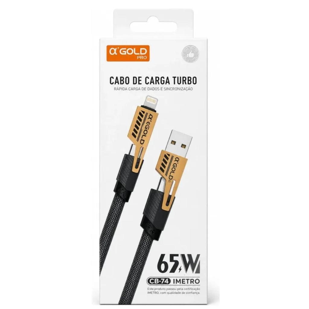 Cabo Turbo 4 em 1 A'Gold Pro CB-74 65W Original: Carregador Rápido Para Celular Lightning e Android.