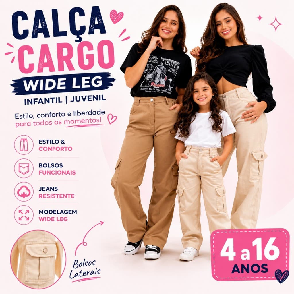 Calça Cargo Wide Leg Infantil Juvenil Feminina Premium Estilosa Calça cargo  Para Meninas Calça pantalona infantil ju