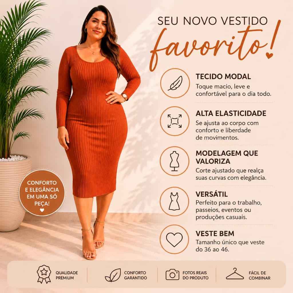 Vestido Modal Midi Canelado Manga Longa Justo Elegante Tamanho Único 36 ao 46