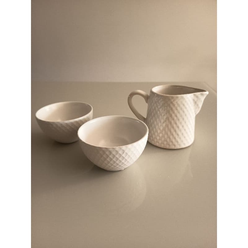 Leiteira + 2 bowls kit 3pçs cerâmica orgânica bege