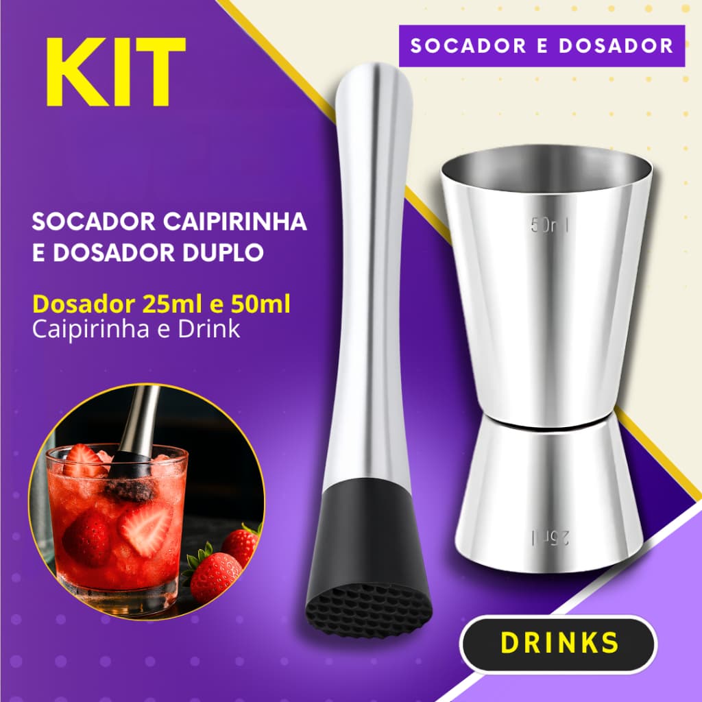 Kit Socador de Caipirinha e Dosador Duplo Inox Macerador Drinks Coqueteis Bebidas Bar