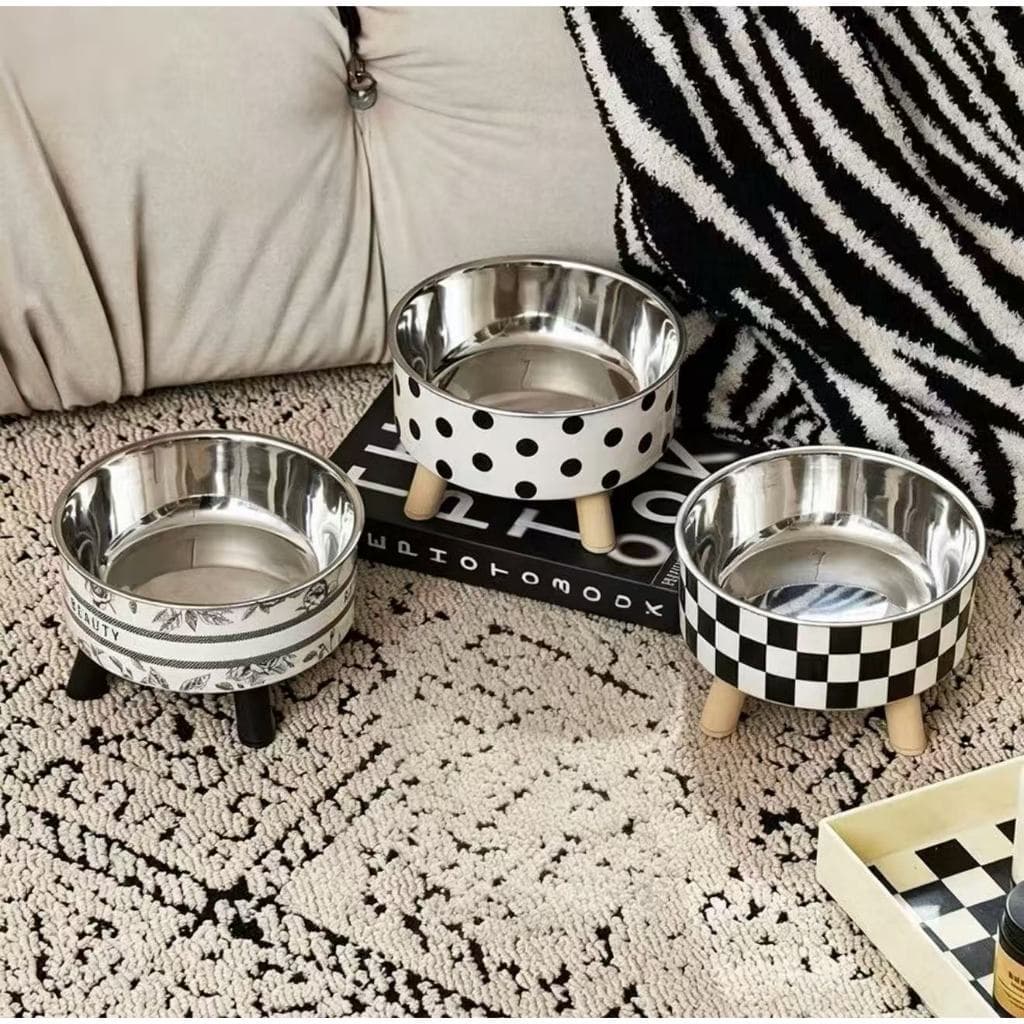 Tigela Elevada Pet Aço Inoxidável Comedouro Gato Cachorro Pé Madeira 3 Modelos