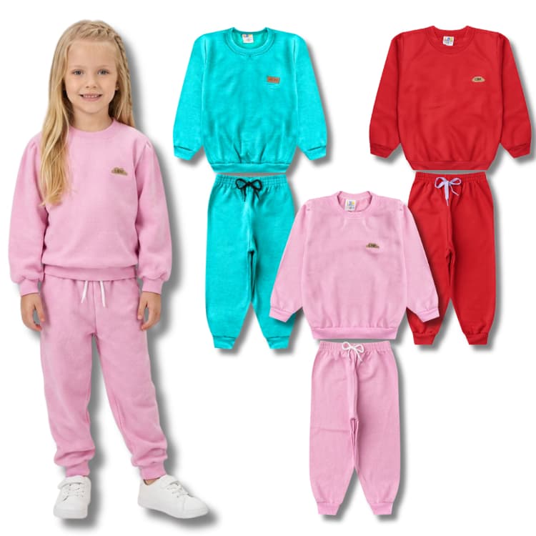 Kit 3 Conjuntos Moletom Liso Monocromático Menina/Feminino Infantil - Inverno Escolar Casaco e Calça