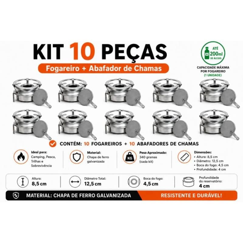 kit 10 Fogareiro espiriteira portátil a álcool sem pintura para camping, caminhoneiros, pesca e sobrevivência.