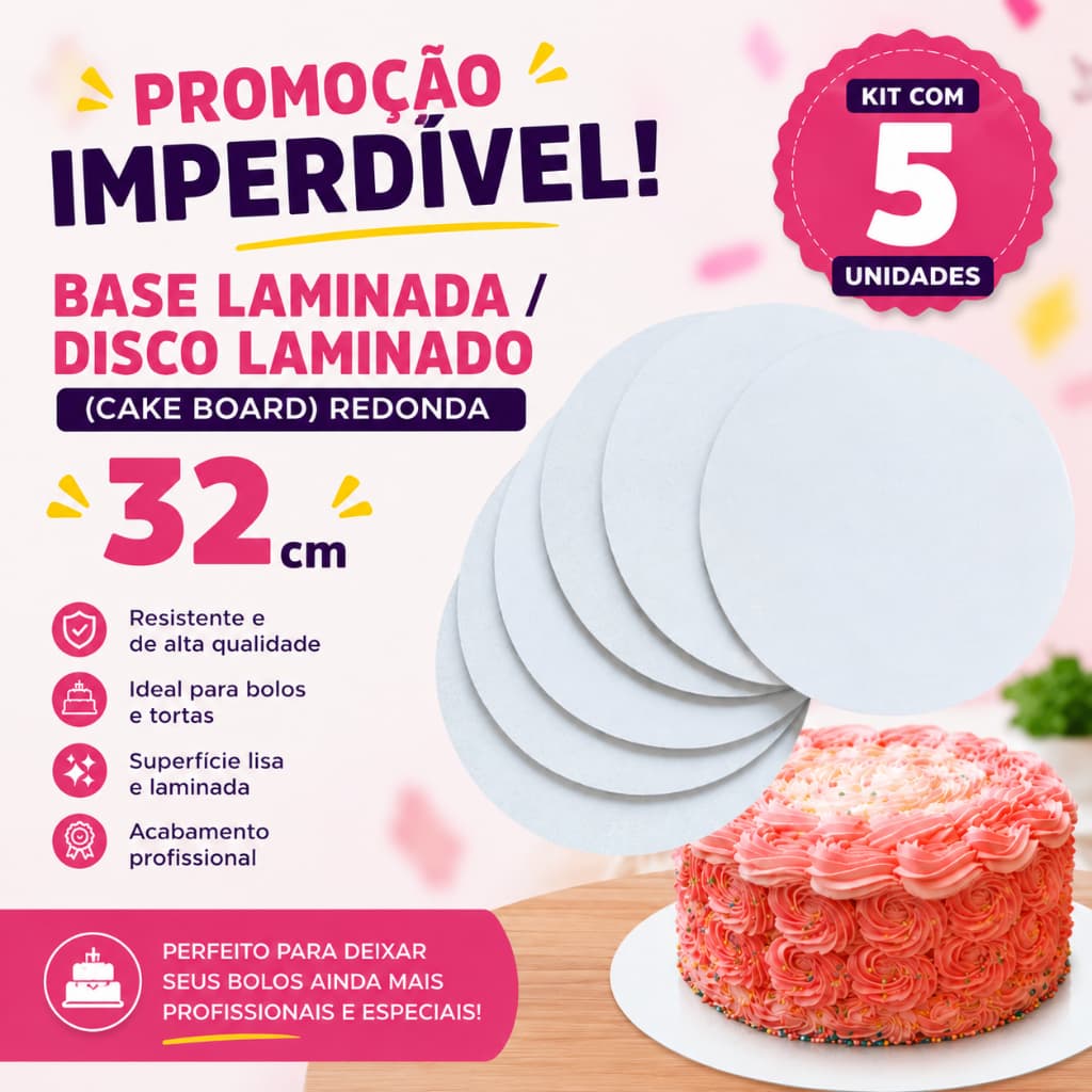 KIT COM 5 CAKE BOARD LAMINADO BRANCO 32cm - BASE LAMINADO PARA CONFEITARIA BOLO DOCES FRIOS