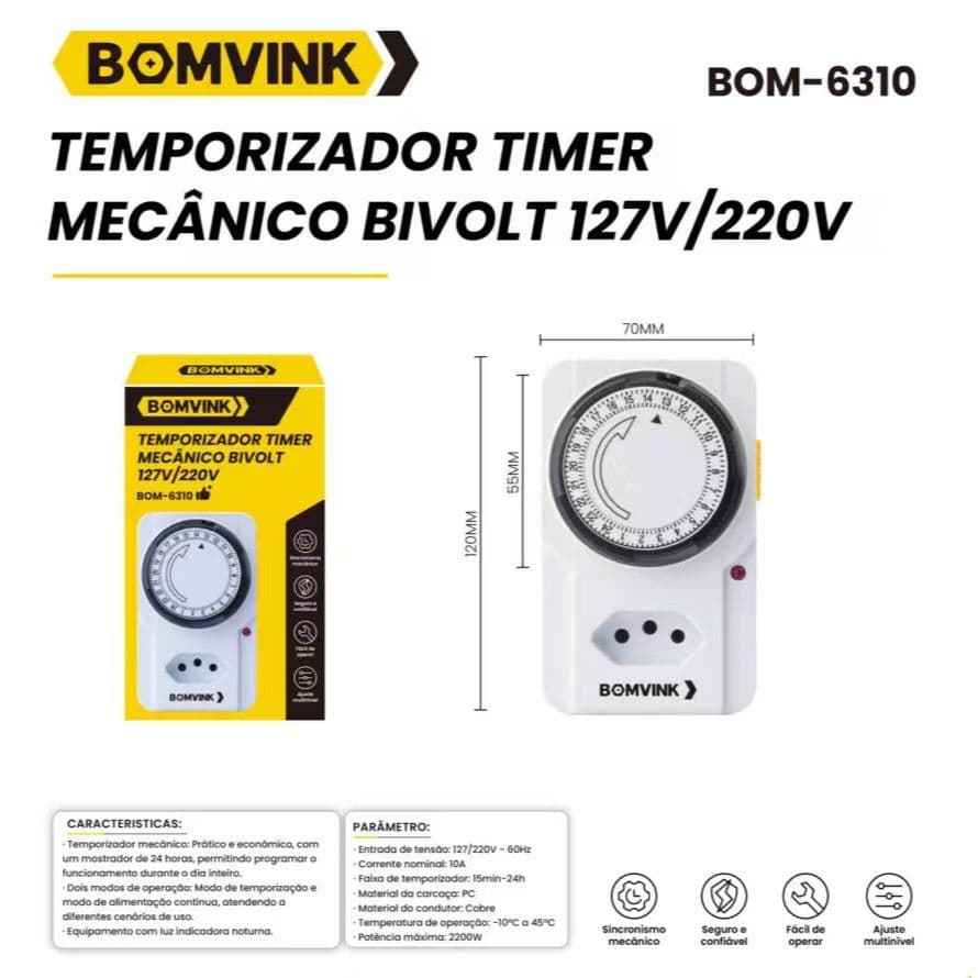 TEMPORIZADOR TIME ANALÓGICO ENERGIA COM PLUG LIGA E DESLIGA BOMVINK  BOM-6310