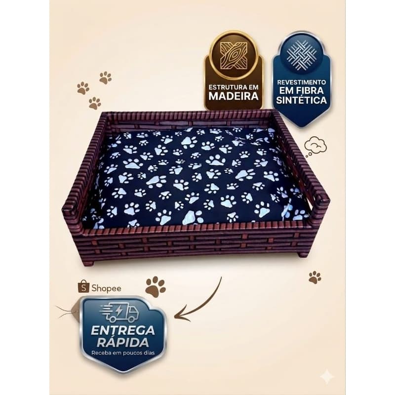 Cama Caminha Pet Madeira em Fibra Sintética para Gato Cachorro Porte Pequeno 50X40 com Almofada