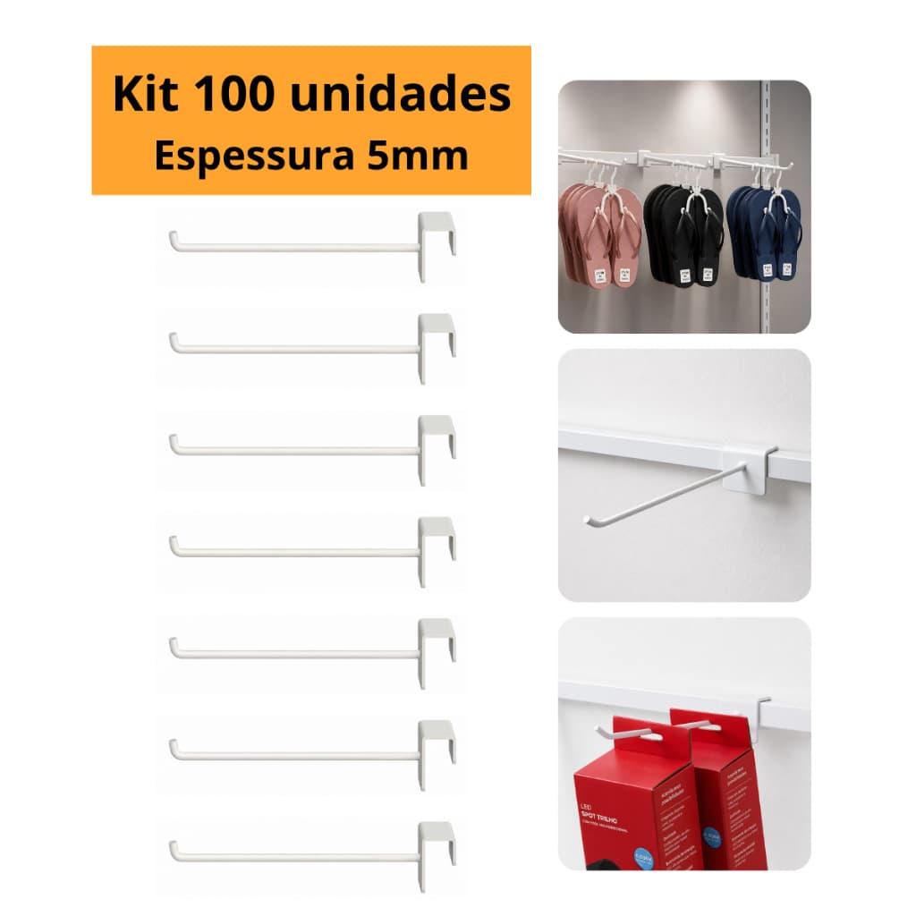 Kit 100 Gancho Expositor para Régua Gôndola Barra Reta Tubo 20x30 5mm Trilho Aço Resistente Branco