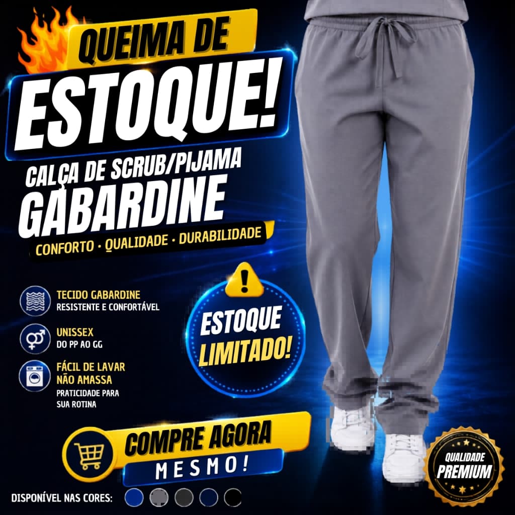 Calça de Scrub/Pijama Gabardine Unissex - Profissionais, Saúde, Médico, Veterinário