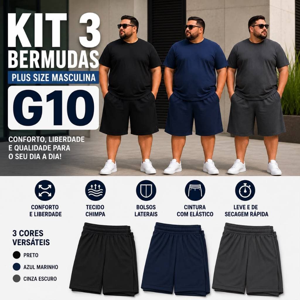 Kit 3 Bermudas Plus Size G10 Short Com Bolso