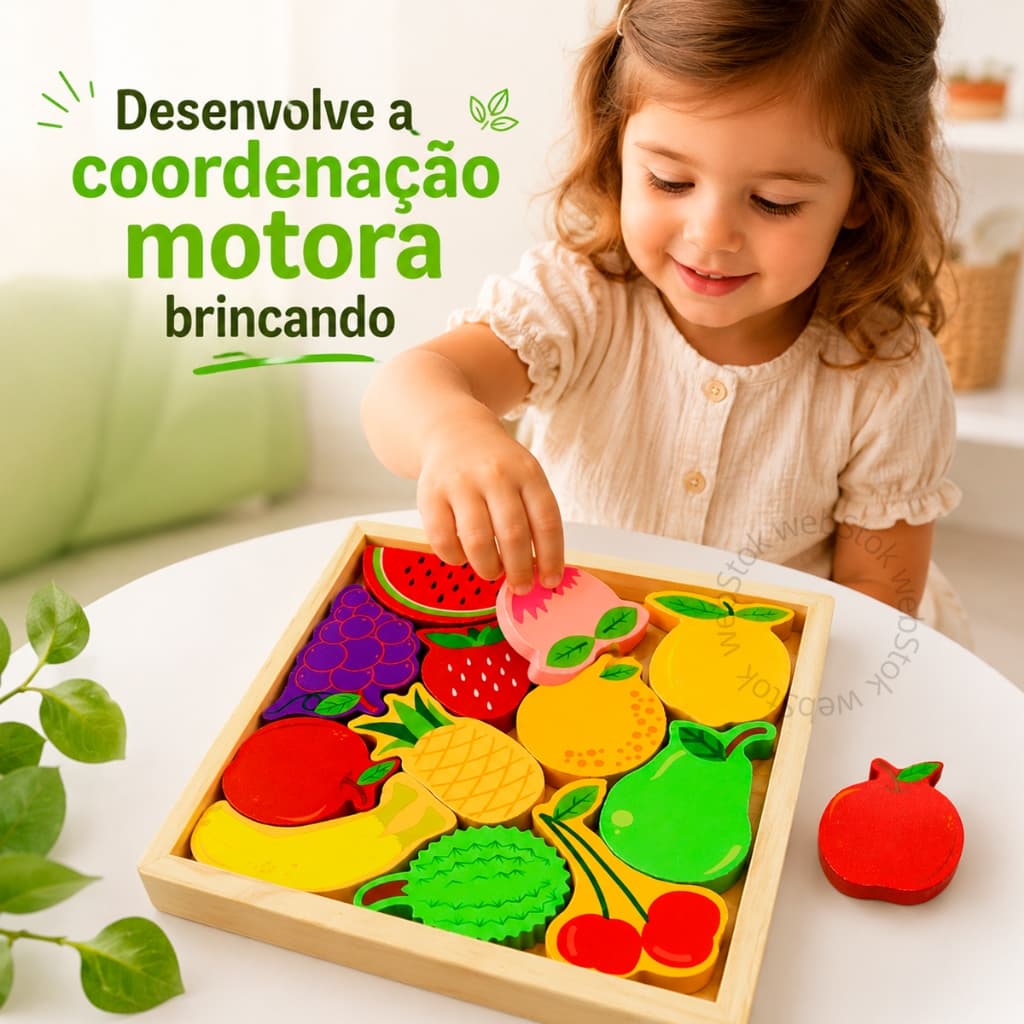 Brinquedo Educativo Quebra Cabeça Pedagógico Jogo de Encaixe Didático Autismo Frutas Comidas Números