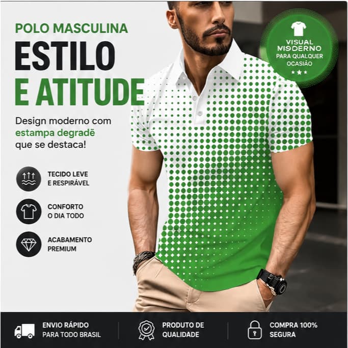 Camisa Polo Masculina Degradê Verde Branca Estampa Geométrica Casual Premium