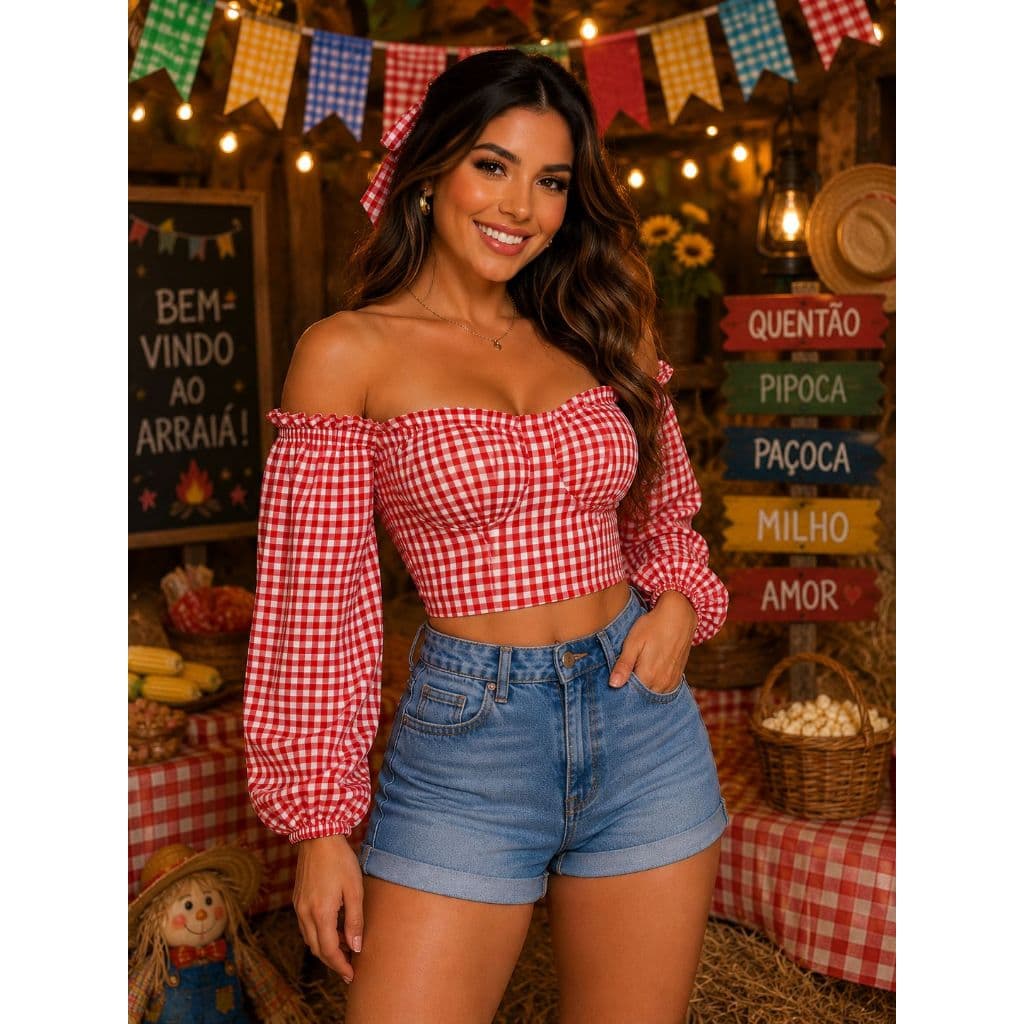 CROPPED XADREZ FEMININO BLUSINHA MANGA CIGANINHA FESTA JUNINA CAIPIRA ARRAIA SÃO JOÃO
