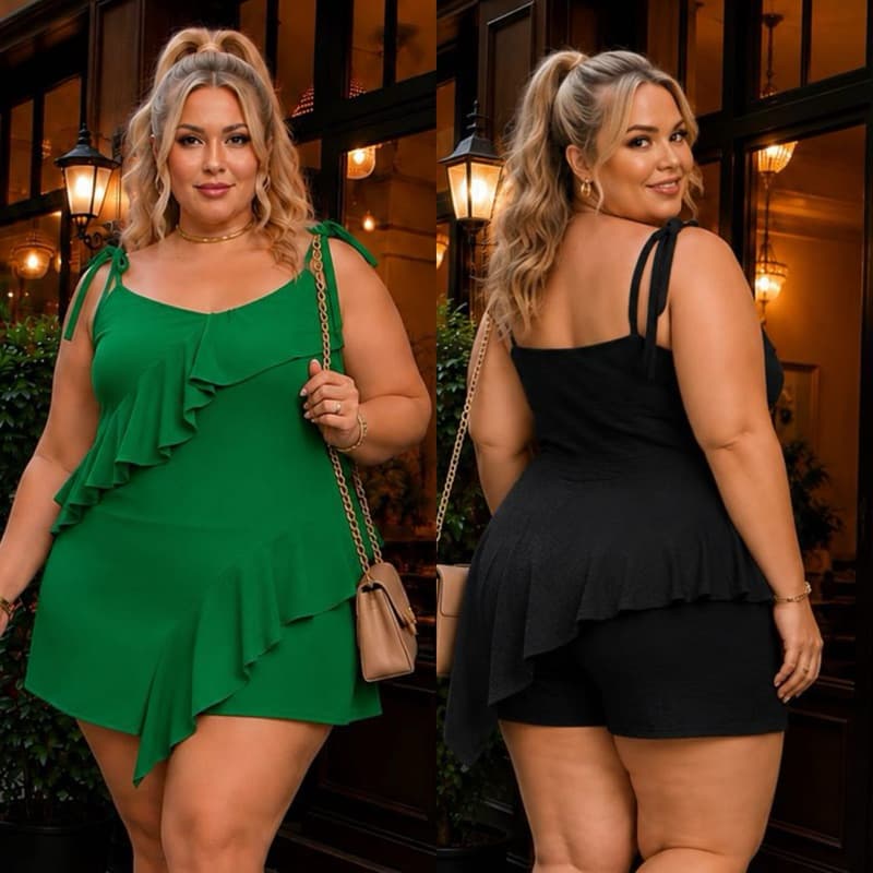 Conjunto Plus Size Blusa Regata com Babado Alça Ajustável e Short Tam Único 46 ao 52