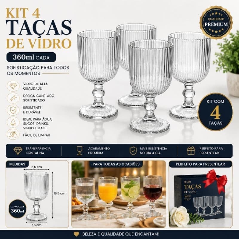 Jogo 4 Taças de Vidro cameratta 360ml Transparente /CLear