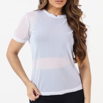 Blusa Feminina Transparente de Tule Manga Curta ,  Camiseta  , Academia ,Treino Dia Dia, Tam U