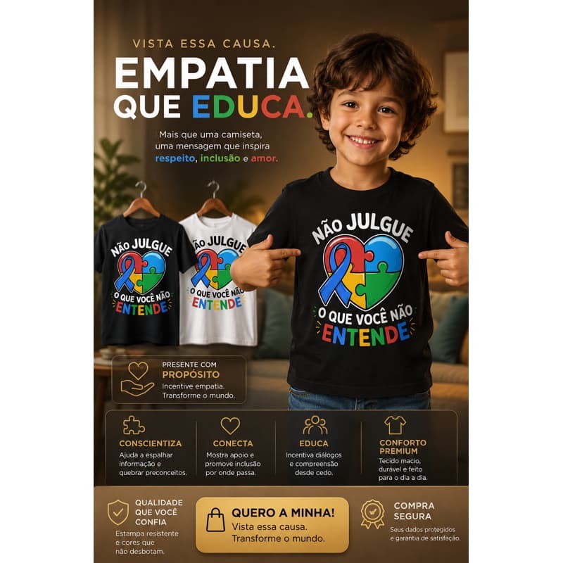 Camiseta Infantil Autismo Conscientização Algodão Confortável Manga Curta Unissex Menino Menina