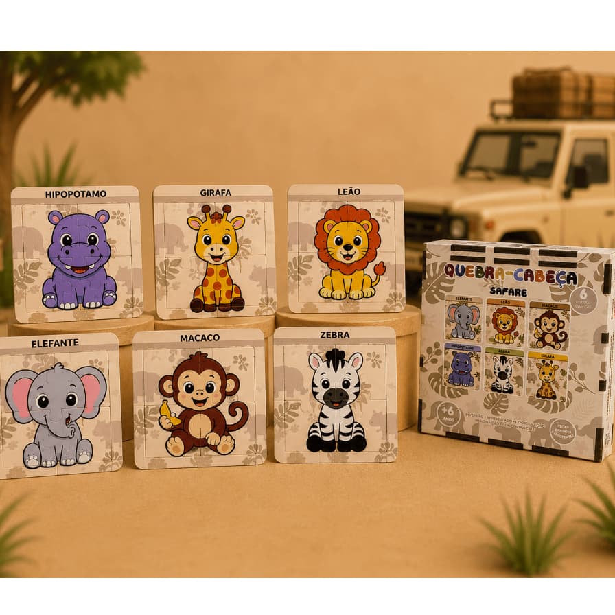 Kit Quebra-Cabeça Educativo Infantil Safari MDF 6 Peças - Brinquedo Pedagógico Coordenação Motora - Lembrancinha de Aniv