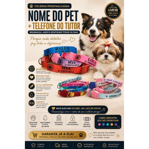 Coleira Personalizada Cachorros, Coleira Personalizada nome pet+contato tutor, Coleiras p/ cachorros