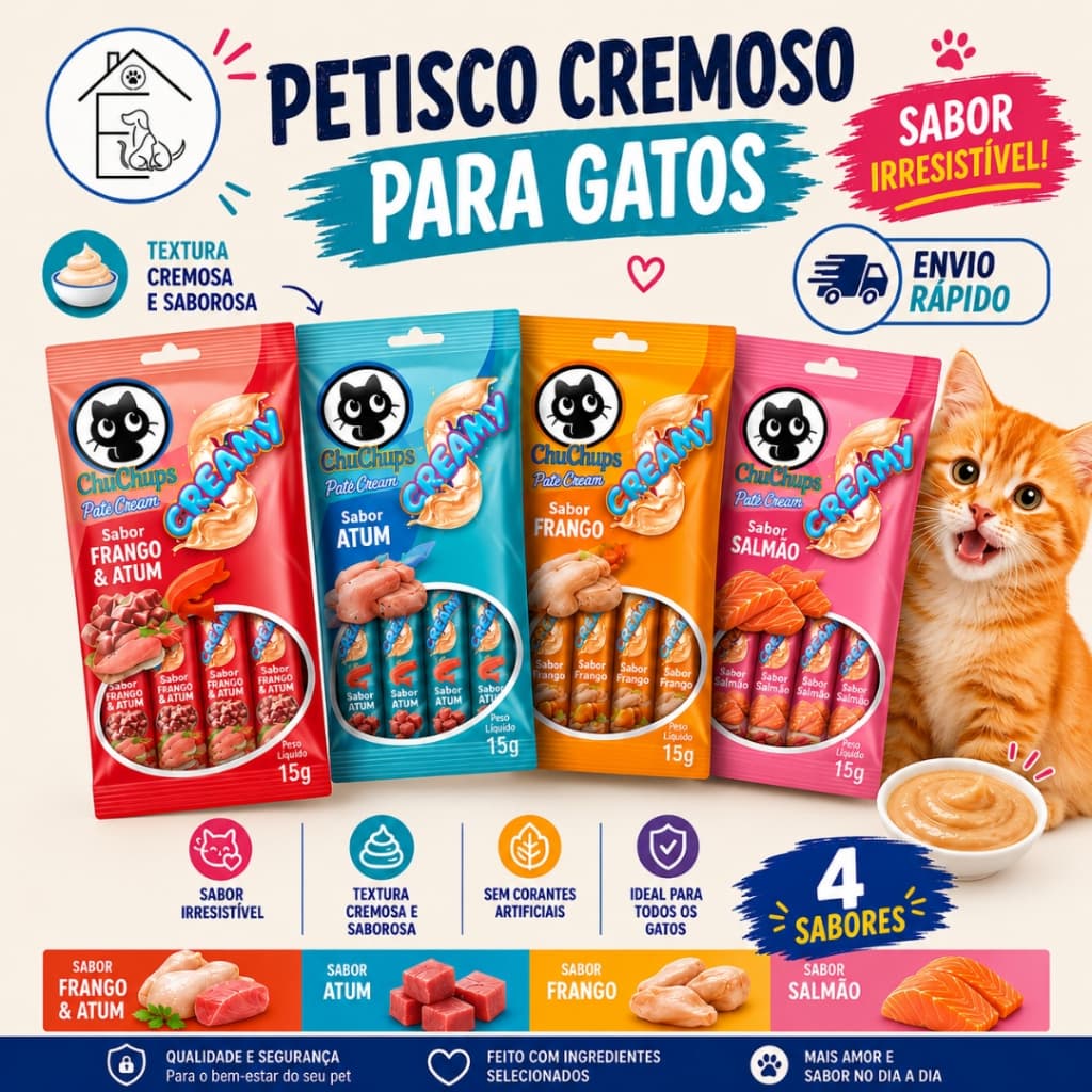 KIT 8 SACHÊS CHUCHUPS PATÊ CREAM PETISCO CREMOSO PARA GATOS SABORES VARIADOS  0% GLUTÉN SEM CORANTES