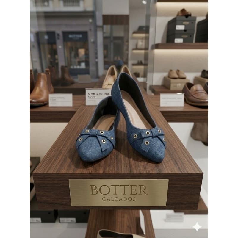 sapatilha confort flex Feminina Bico Fino jeans azul escuro com detalhes ouro super confortáveis pro seu dia a dia