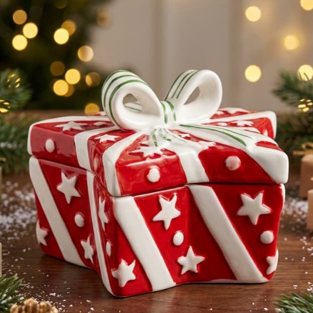 Pote de Porcelana Natalino Formato Presente Estrela Com Tampa Decorativo Natal Bomboniere Premium