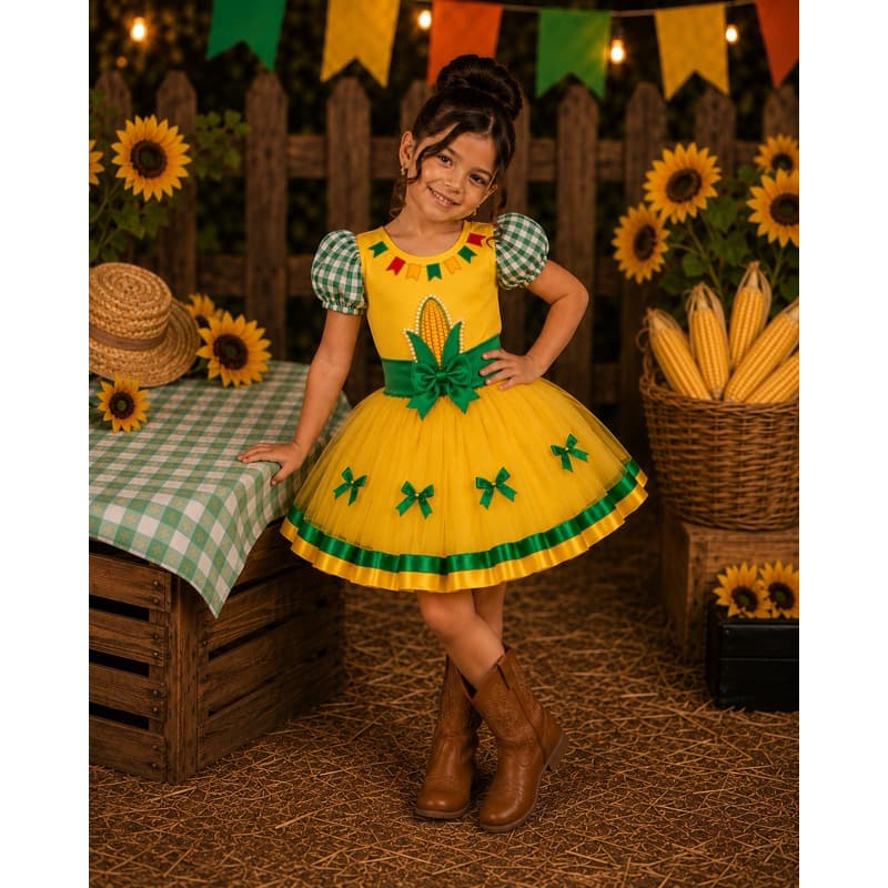 Fantasia rainha do milho caipira festa junina São João conjunto quadrilha infantil arraiá da copa do Brasil