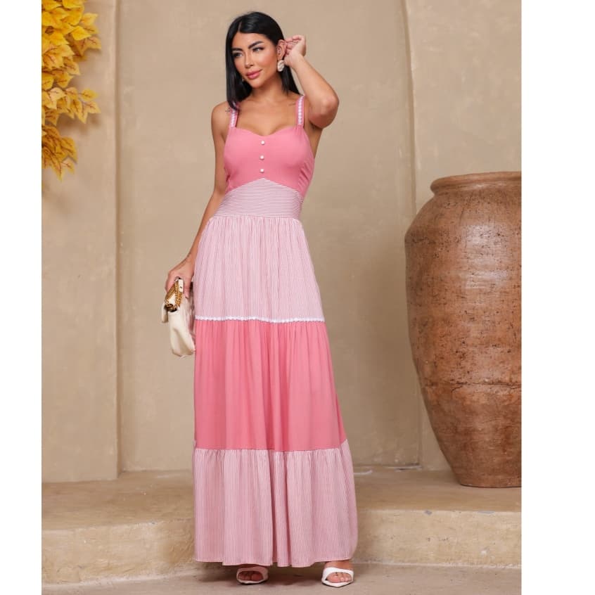 Vestido Longo Feminino Alcinha Elegante Listrado Tamanho Único Veste 38 40 42 Casual Moda Feminina