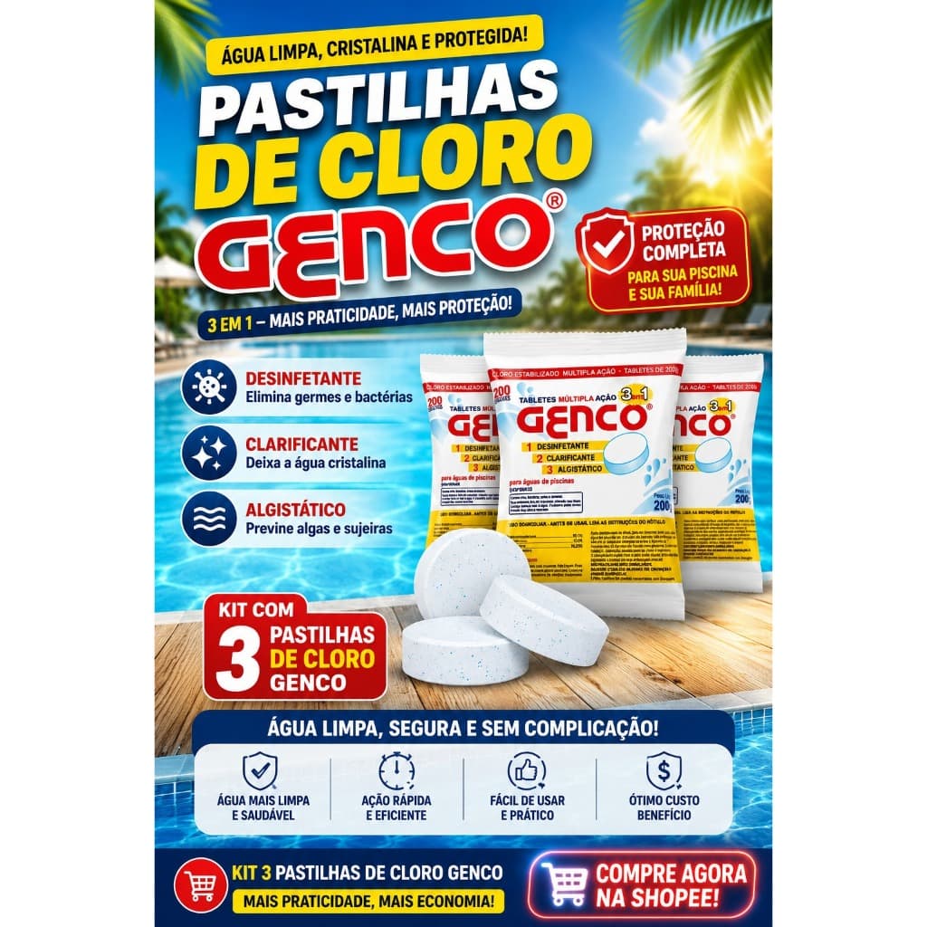 Kit 3 Pastilhas De Cloro Genco Tratamento Piscina Água Cristalina