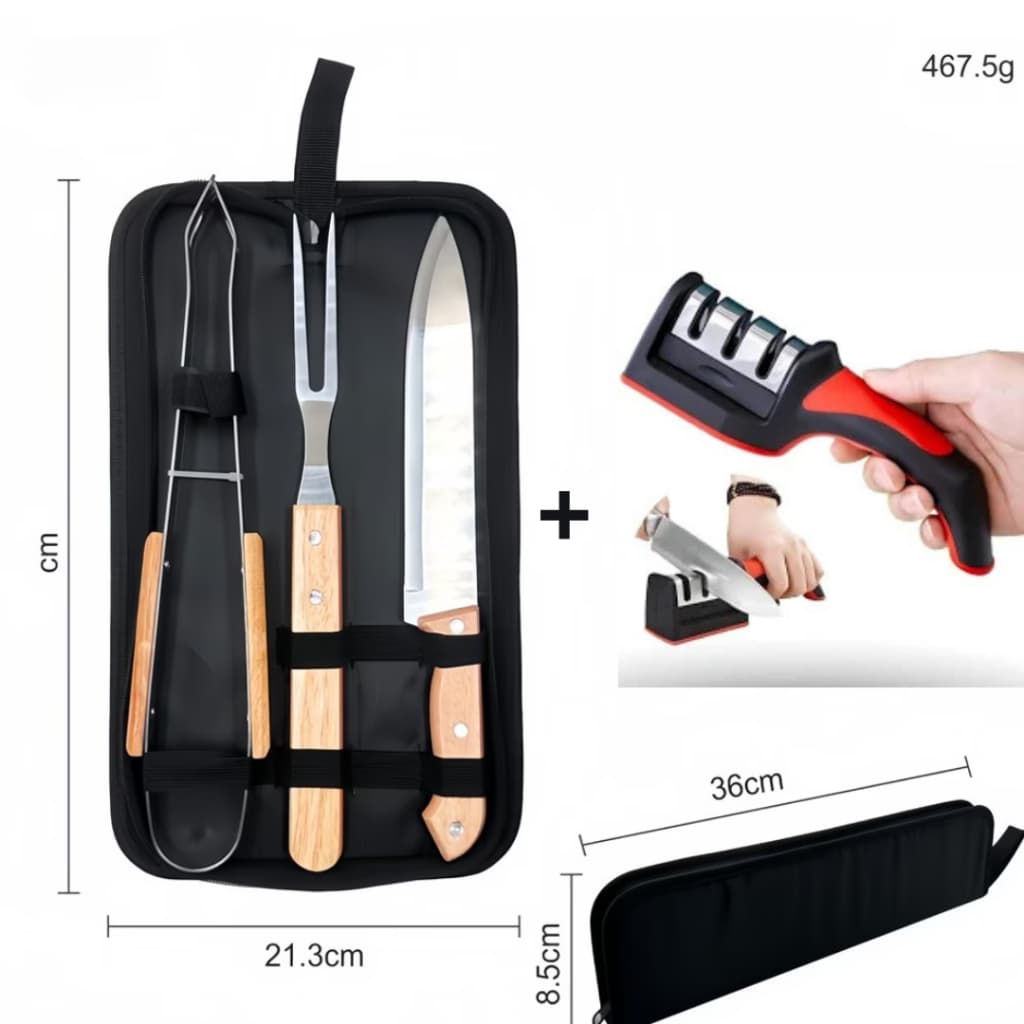 Kit Churrasco Profissional 4 Peças Inox Com Maleta Estojo E Afiador De Faca Premium
