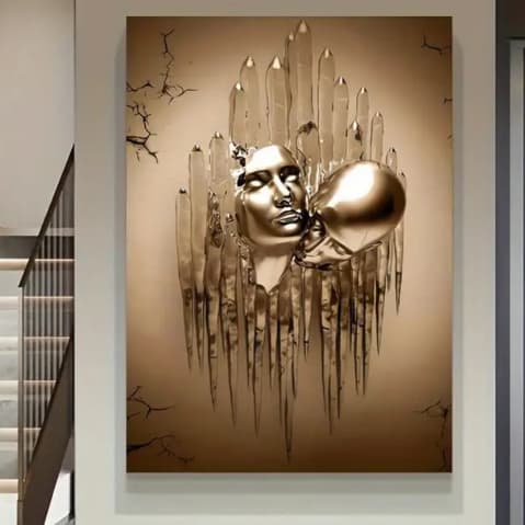 Quadro Decorativo Abstrato 3D Rosto Dourado Luxo Face Dourada e Cristais Estilo Moderno Sofisticado