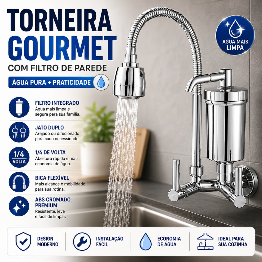 Torneira Filtro de Parede Gourmet Cozinha Flexível Jato Duplo Cromada 1/4 de Volta Lux