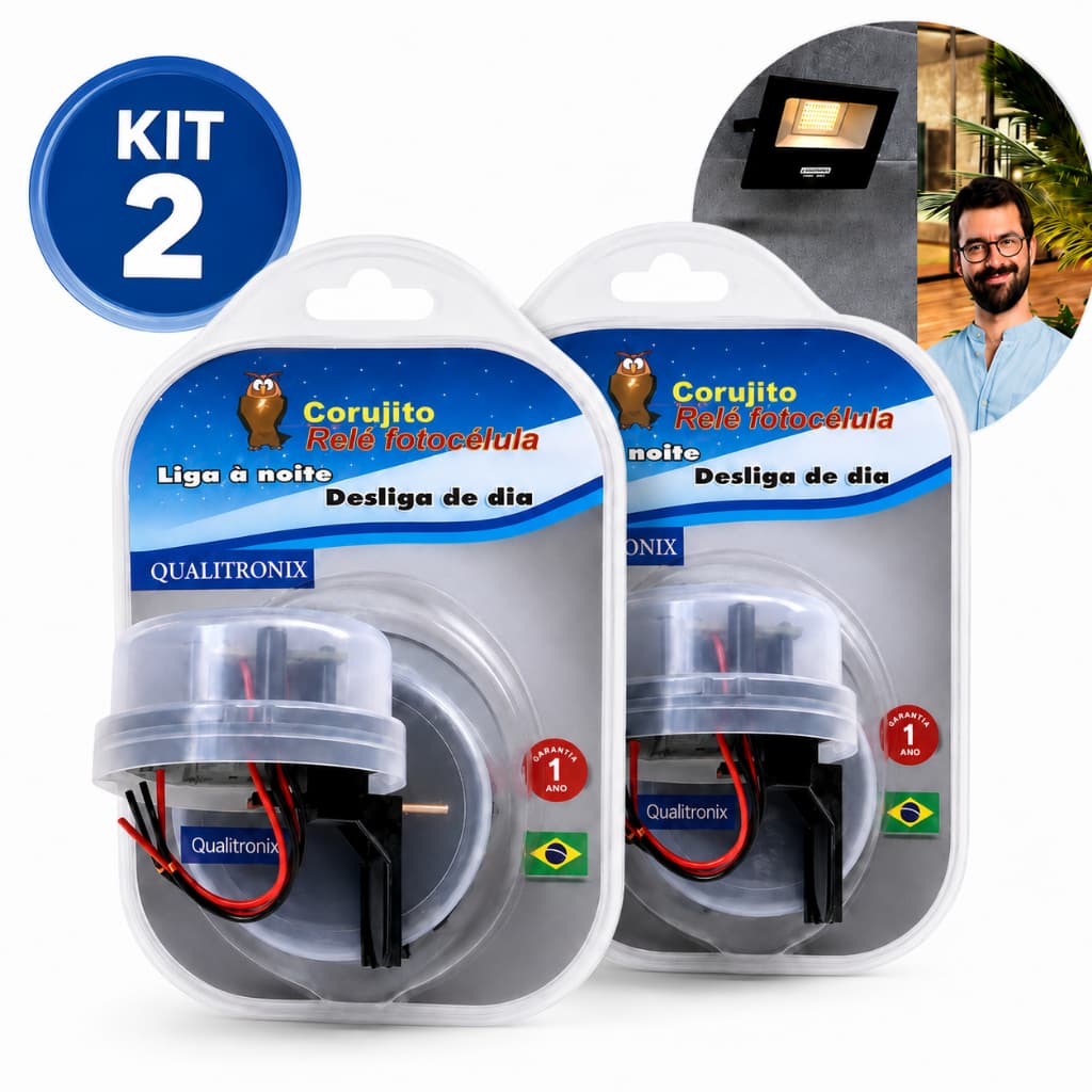 KIT 2 Relé Fotocélula Corujito Fácil Bivolt automático Noturno Com Suporte/Base Qualitronix QR51