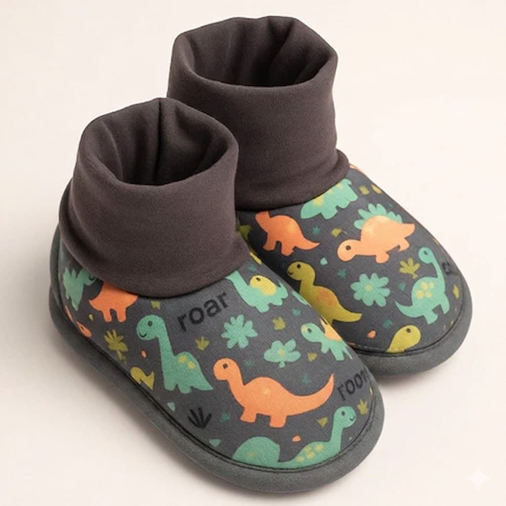 Pantufa Botinha Infantil Quentinha com Estampa Divertida de Dinossauros Macia e Confortável