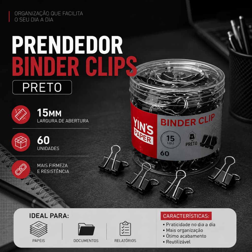 Kit 60 Binder Clips Preto 15mm e 24mm Prendedor de Papel Escritório Escolar Organizador