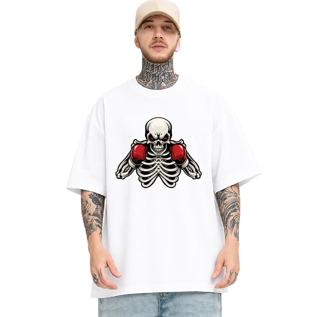 Camiseta Oversized 40 - Masculina Caveira Boxeador Com Luvas De Boxe Estampada