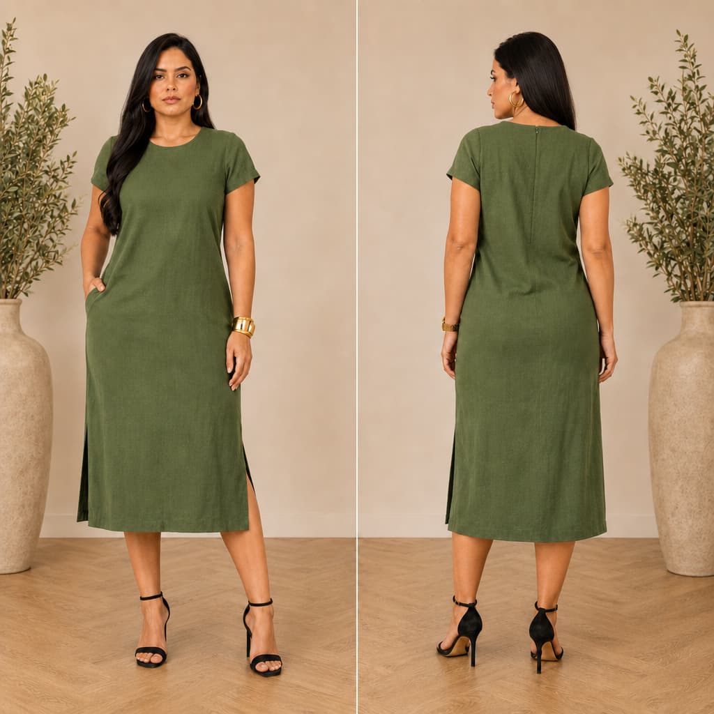 Vestido Feminino Manga Curta Linho Midi Plus Size Elegante Forrado Fenda Lateral Bolso Zíper Costas Verão GG G1 G2