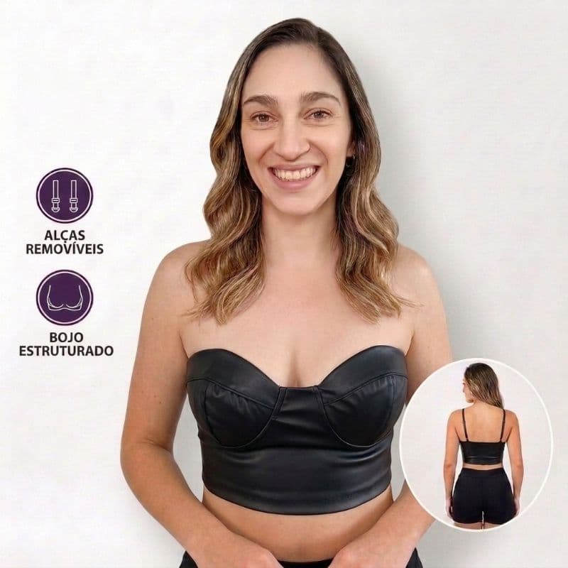 Top Cropped Tomara que Caia Feminino Courino  Alça Removível Corset Festa