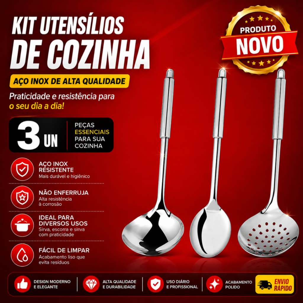 Conj 3 Peças Utensílios  Cozinha 100% Inox Talheres Escumadeira Concha Colher de Arroz Para Cozinha